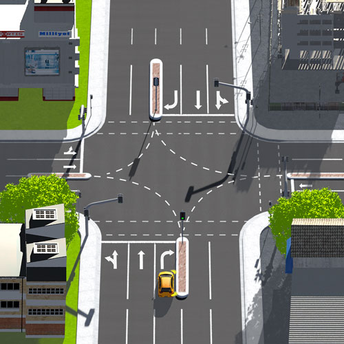 A vehicle is at a traffic intersection that has three lanes, each with an arrow showing the direction of travel of the lane.